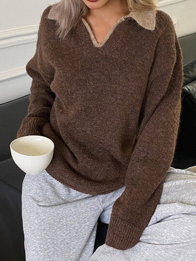 DAZY Women's Autumn/Winter Brown 2 In 1 V-Neck Colorblock Patchwork Loose Knit Sweater Polo Shirt, Casual Home Street Office Commute
