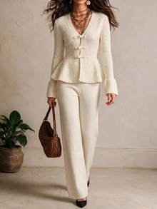 SHEIN Women's V-Neck Button Asymmetrical Hem Long Sleeve Sweater And Casual Wide Leg Loose Pants 2 Pieces Set - White - View 3