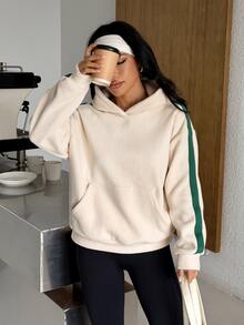 Muchica Sweatshirt Olahraga Wanita Motif Garis-Garis Blok Warna, Berkerudung, dengan Kantong, Potongan Longgar, Sweatshirt Gym, Atasan Olahraga, Pakaian Aktif, Fashion Kasual Nyaman untuk Musim Gugur dan Musim Dingin - Aprikot - View 7