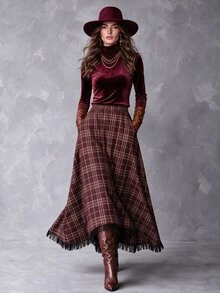 Solivie Women's Autumn Navy Blue Plaid Asymmetrical Hem Skirt - Coffee Brown - View 5