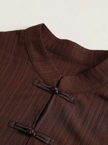 Weeklong Plus Size Frog Button Stand Collar Pleated Maxi Dress, Casual Elegant Long Dress - Brown - View 3