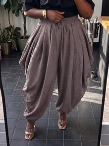 Slaydiva Celana Panjang Wanita Ukuran Besar, Celana Harem Warna Olive dengan Tali Serut, Detail Lipatan Samping, dan Manset untuk Musim Gugur - Coffee Brown - View 8