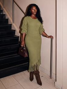 Slaydiva Hooded Off Shoulder Fringe Knit Maxi Dress Bodycon Mermaid Dress-A - Green - View 8