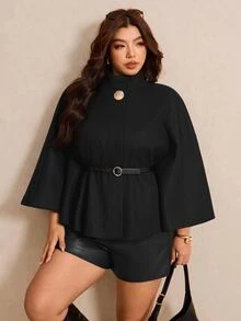 Elaquor Plus Size Women's Solid Color Metal Decor Elegant Cape Overcoat - Black - View 3