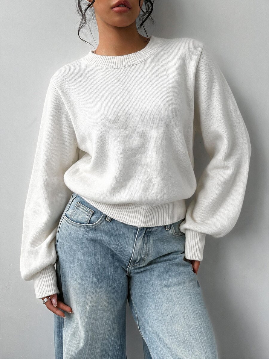 SHEIN BASICS 女款休閒簡約圓領長袖純色針織衫 - 白色 - 查看 1