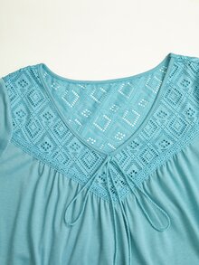 Rusticease Women's Plus Size Vacation Casual Boho Lace Hollow Patchwork Long Sleeve T-Shirt High Tea Vacation Light Blue Fall Beach Going Out - Blue - View 8