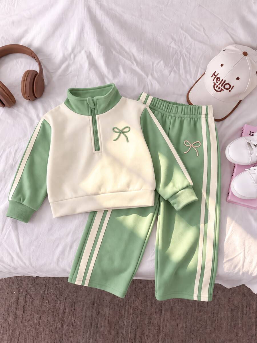 SHEIN 2件組幼童女童運動衫長褲套裝,可愛薄荷綠奶油色蝴蝶結條紋長袖半拉鍊,休閒度假派對冬季秋季芭蕾運動風 - 綠色 - 查看 1