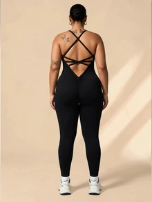SHEIN Rhythm Era Women's Plus Size Seamless Camisole Back V-Cross Strap Running Fitness Yoga Studio Base Layer 9/10 Length Jumpsuit - Black - View 4