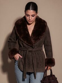 SHEIN BAE CURVE Plus Size Women Long Sleeve Overlap Design Belt Splicing Fur Collar Jacket - Multicolor - View 4