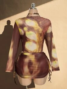 SHEIN ICON 大尺碼 Y2K 性感魅力復古套裝，復古豹紋花卉網紗，抹胸上衣、抽繩裙、罩衫 3 件組，海灘俱樂部，秋季棕色 - 棕色 - 查看 2