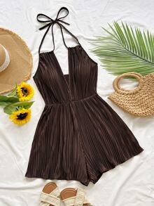 Soleia Plus Size Women's Brown Toothpick Pleated Print V-Neck Halter Back Tie Open Back Cinched Waist Voluminous Wide Leg Romper - Multicolor - View 1