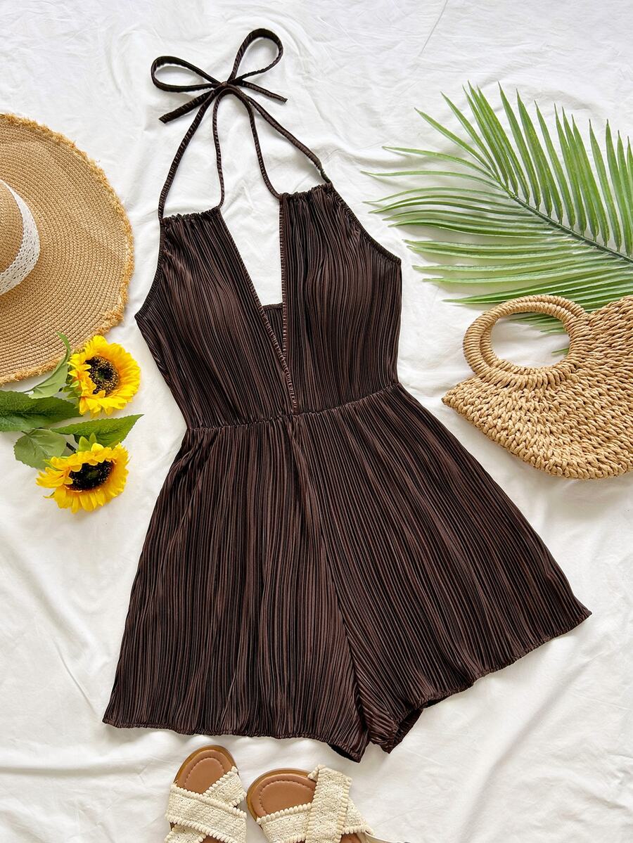 Soleia Plus Size Women's Brown Toothpick Pleated Print V-Neck Halter Back Tie Open Back Cinched Waist Voluminous Wide Leg Romper - Multicolor - View 1