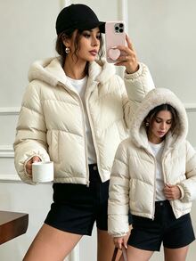 Selianne Women's Winter Single Piece Plush Hooded Diagonal Quilted Short Loose Casual Daily Commute Padded Coat With Elastic Cuffs - Apricot - View 6