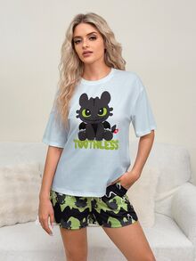 SHEIN How to Train Your Dragon Women's Round Neck Short Sleeve Cartoon Print Pajama Set - Blue - View 4
