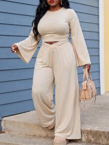 Slaydiva Beige 2 Pieces Set Plus Size Wide Leg Pants Outfit With Draped Batwing Sleeve Top And Criss-Cross Waist Design Wide Leg Long Pants Fall - Apricot - View 4