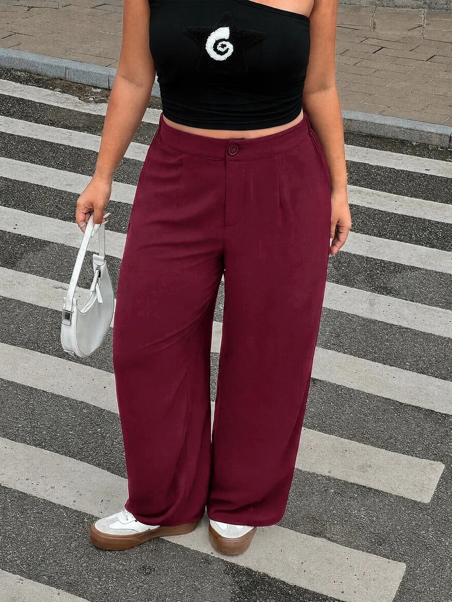 SHEIN EZwear 酒紅色大尺碼女款寬鬆百褶寬腿黑色裙褲,適合畢業季、返校節及秋冬教師穿搭 - 酒紅色 - 查看 1