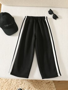 SHEIN 兒童小男孩側邊裝飾黑白對比運動長褲 - 黑色 - 查看 2