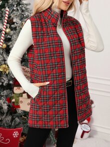 SHEIN Clasi 女款格紋前拉鍊休閒冬季背心外套 - 彩色 - 查看 5