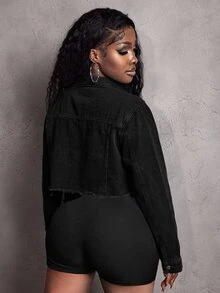 Women's Plus Size Long Sleeve Denim Jacket - Black - View 2