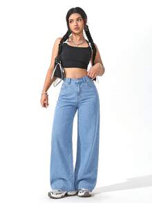 SHEIN ICON 大尺碼女款簡約復古街頭風中藍水洗直筒牛仔褲 - 中等水洗藍 - 查看 5