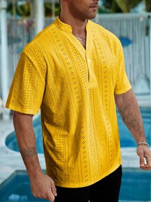 VENTUSAIL Men's Plus Size Solid Color Casual Versatile Short Sleeve Shirt For Daily Wear - Yellow - View 6