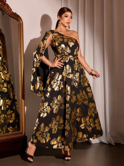 Cravure Plus Size Women's Elegant Fashion Party Dress With Gold Foil Fabric, Asymmetrical Shoulder Neckline, Ruched Waist, Easy To Put On And Take Off, Shawl Collar, Asymmetrical A-Line Hem