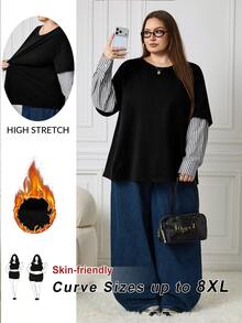 SHEIN CURVE+ Women's Plus Size New 2 In 1 Patchwork Round Neck Loose Long Sleeve T-Shirt, Autumn/Winter Fashion Casual Top, Suitable For 5XL-8XL Fall - Black - View 7
