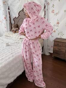CottageSlumber Women's Pink Bow Hooded Pullover Pajama Set, Soft Plush Loungewear 2 Pieces Set - Pink - View 2