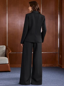 Anewsta Autumn/Winter Premium Luxury Satin Double-Breasted Blazer With Lapel Long Sleeve Jacket And Wide Leg Pants Elegant Suit 2 Pieces Set - Black - View 2