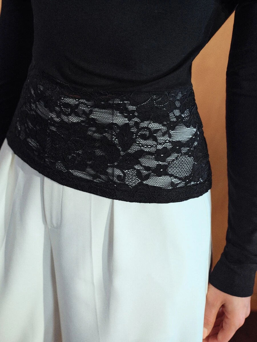 MOTF PREMIUM AUTUMN/WINTER WOMEN'S LACE PATCHWORK ELEGANT BLOUSE - Black - View 2