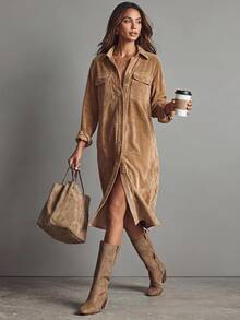 SHEIN LUNE Plus Size Fashion Button Long Sleeve Pocket Vacation Dress - Camel - View 4