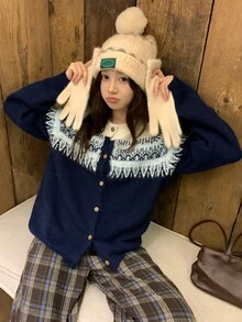 DAZY Women's Round Neck Long Sleeve Colorblock Cardigan, Autumn/Winter - Black - View 5