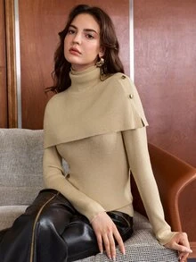 Anewsta Essential Setelan Rajut Bergaris 2 Potong Wanita dengan Kerah Tinggi, Desain Kancing Kerah Syal yang Dapat Dilepas, Sweater Lapisan Dasar Lengan Panjang Pas Badan, Atasan Dalaman Elegan untuk Musim Gugur/Dingin - Khaki - View 5