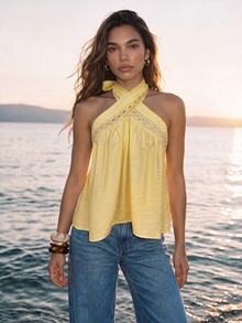 CAJUNI Women's Pleated Casual Versatile Daily Wear Halter Neck Top - Yellow - View 8