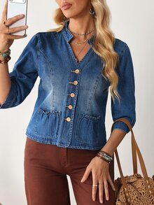 EMERY ROSE Women's 3/4 Sleeve Single-Breasted Casual Denim Jacket - Blue - View 3