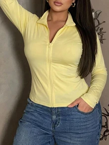 Dazy Plus Kaos Lengan Panjang Kasual Sporty Minimalis Slim Fit Warna Polos dengan Resleting - Kuning - View 5