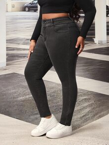 SHEIN PETITE CURVE بنطال جينز ضيق بخصر عالي بلون موحد للنساء بمقاسات كبيرة - الأسود - مشاهدة 4