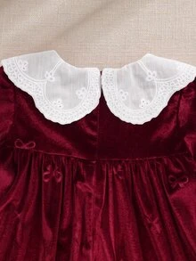Baby Girl Bowknot Jacquard Velvet Peter Pan Collar Waist Cinched Pleated Ruffle Thick Dress Suitable For Winter And Christmas - Burgundy - View 5