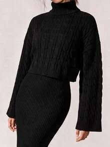 Freevana Women's High Neck Cape Sleeve Top & Solid Color Split Hem Skirt Sweater 2pcs Set - Black - View 5