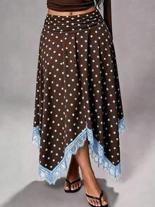 Rustia Korean Style Hot Girl Polka Dot Lace Patchwork High Waist Flared Skirt - Coffee Brown - View 3
