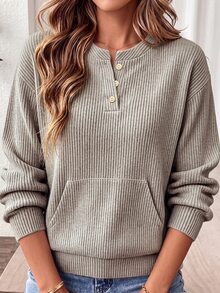 EMERY ROSE Women's Plus Size Solid Color Button Long Sleeve Sweatshirt, Casual Outdoor Sweatshirt For Autumn/Winter Fall - Khaki - View 4