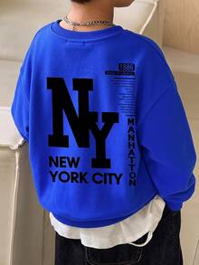 Young Boy Long Sleeve Crew Neck Sweatshirt With Cartoon Pattern And NY Letter, Suitable For Autumn/Winter, Fleece Lined - Multicolor - View 3