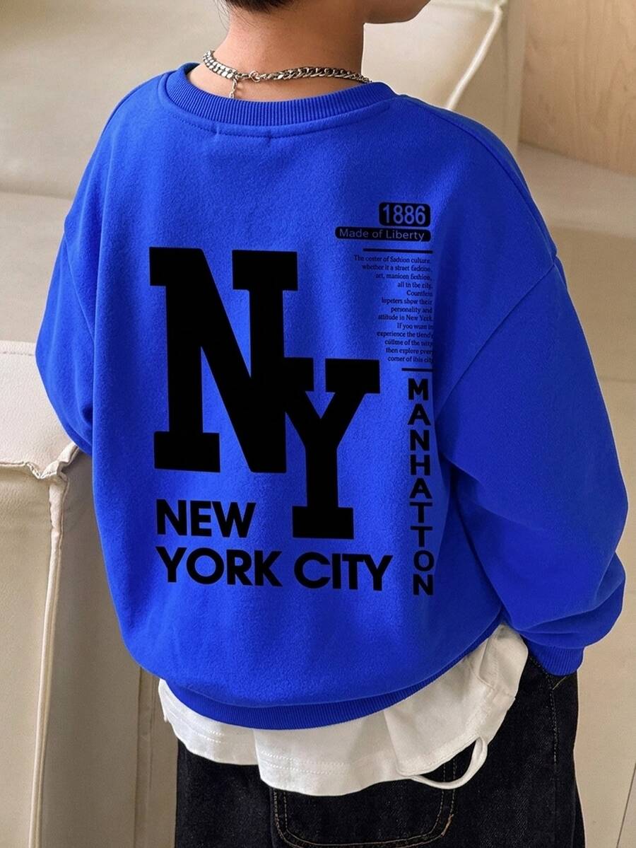 Young Boy Long Sleeve Crew Neck Sweatshirt With Cartoon Pattern And NY Letter, Suitable For Autumn/Winter, Fleece Lined - Multicolor - View 1