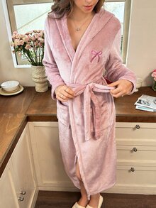 Snug Reverie Bow Embroidery Detail Belted Flannel Robe - Pink - View 4