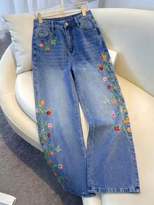 SHEIN MOD 女款花卉刺繡口袋鈕扣水洗休閒牛仔褲 - 藍色 - 查看 1