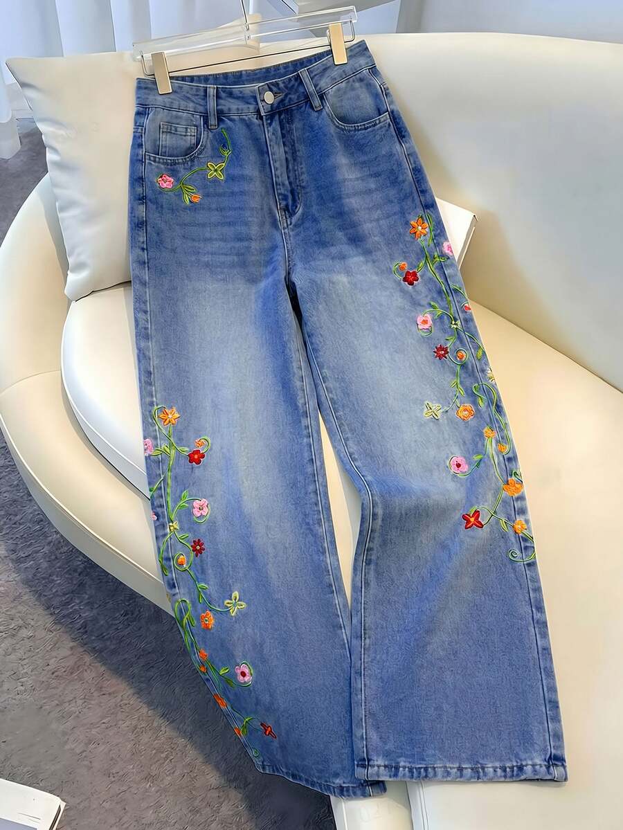SHEIN MOD 女款花卉刺繡口袋鈕扣水洗休閒牛仔褲 - 藍色 - 查看 1