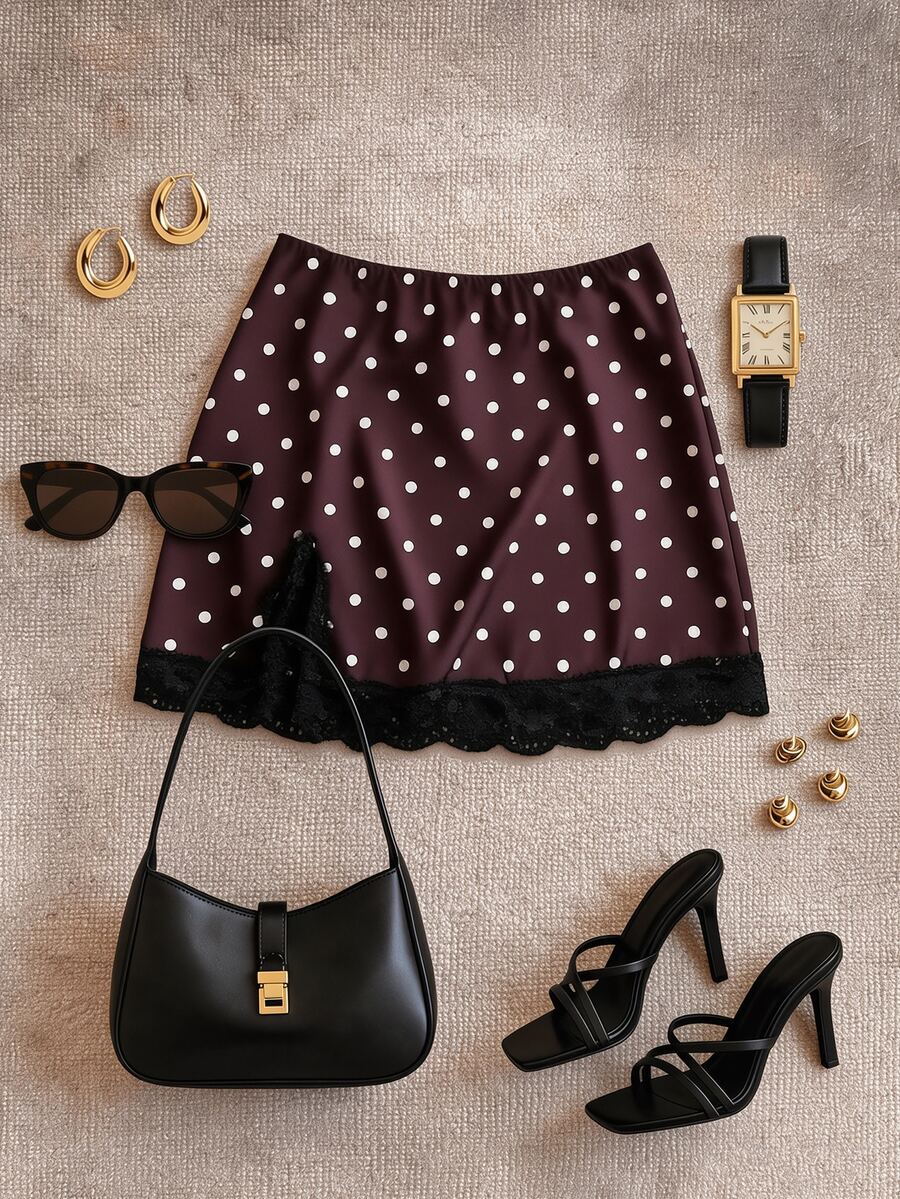 Grovea Plus Size Polka Dot Lace Patchwork Skirt - Multicolor - View 1