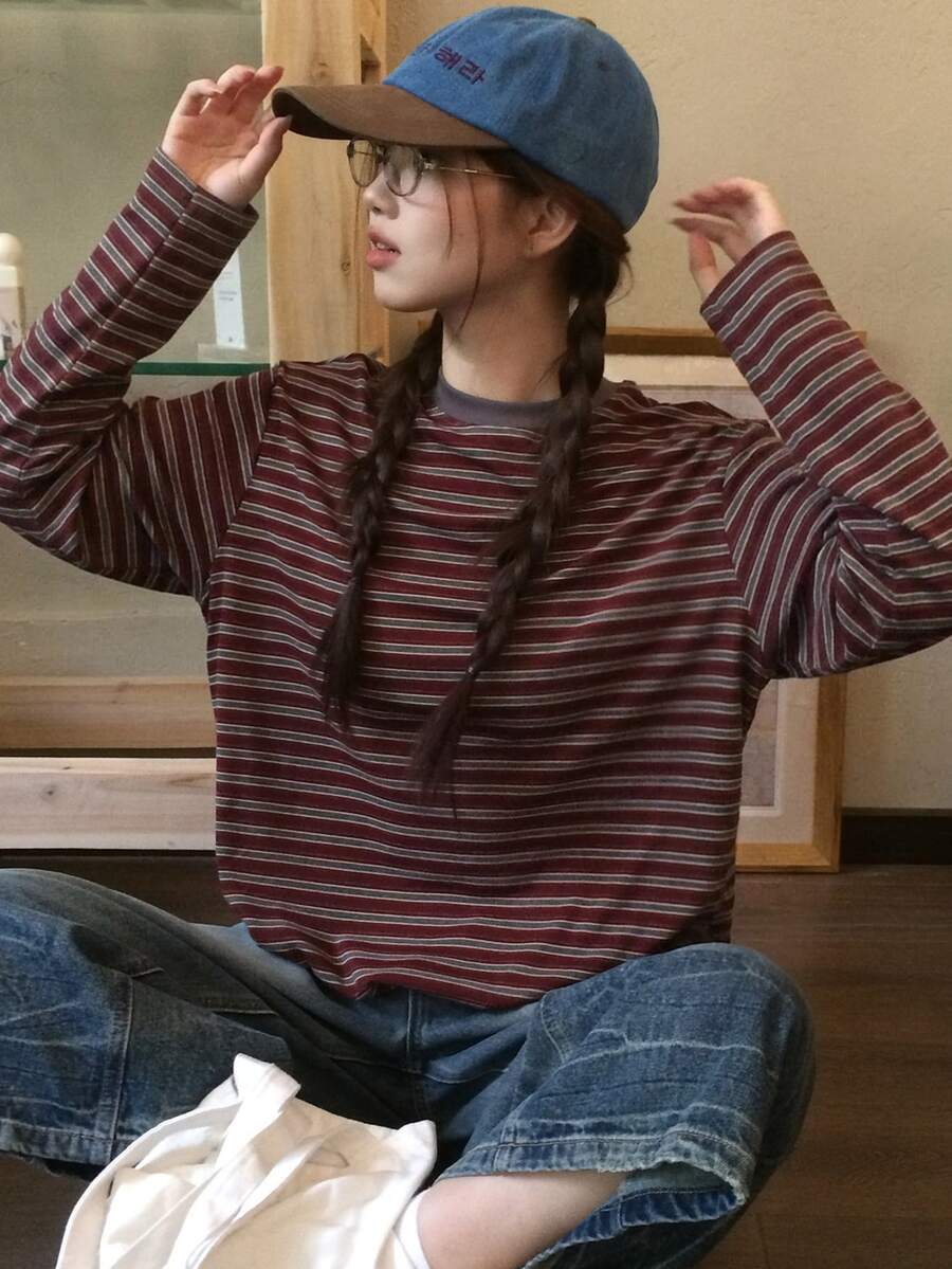 DAZY Teen Girl Korean Style Striped Color Block Long Sleeve T-Shirt - Brown - View 1