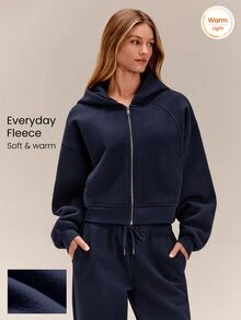 GLOWMODE Everyday 抓絨保暖休閒連帽外套，羅紋袖口與下擺，腰長款，秋冬日常休閒穿搭 - 藍色 - 查看 9