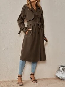 SHEIN Clasi 秋冬款落肩袖雙排扣繫腰風衣 - 咖啡棕 - 查看 6